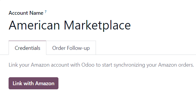 Một trang mẫu Tài khoản Amazon điển hình và nút Liên kết với Amazon trong Odoo Sales.