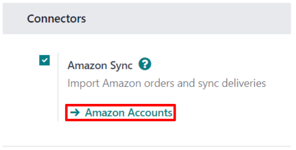 Liên kết Tài khoản Amazon bên dưới cài đặt Amazon Sync trong Odoo Sales.