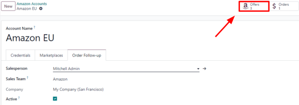 Nút thông minh Amazon Offers trên biểu mẫu tài khoản trong Odoo Sales.