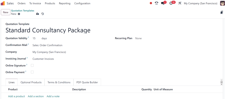 Tạo mẫu báo giá mới trên Odoo Sales.