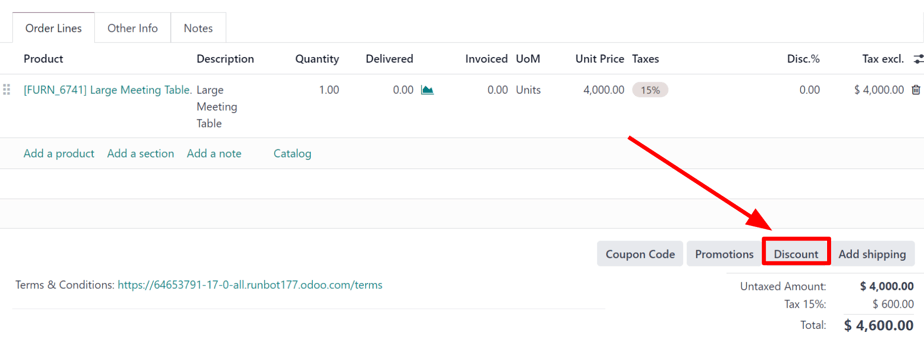 Nút giảm giá nằm ở cuối biểu mẫu đơn đặt hàng trong ứng dụng Odoo Sales.