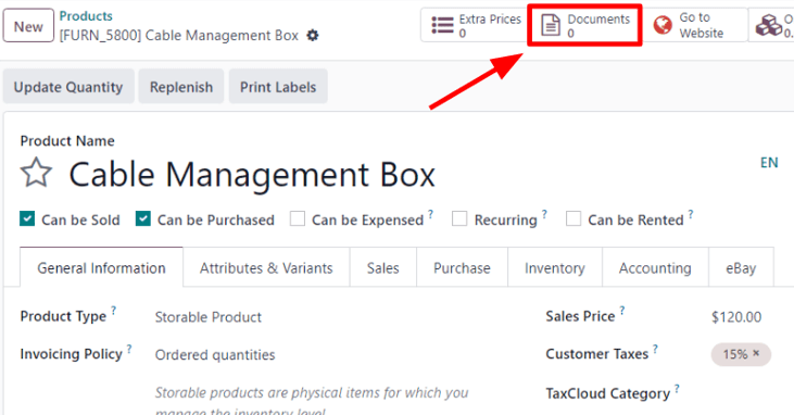 Nút thông minh Tài liệu trên biểu mẫu sản phẩm trong Odoo Sales.