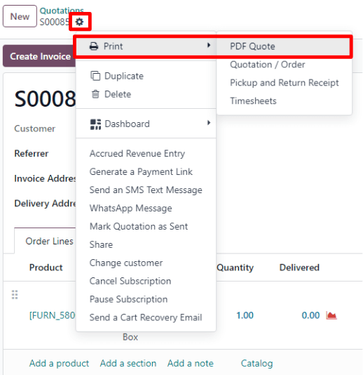 Tùy chọn in báo giá PDF trên menu thả xuống nằm trong đơn đặt hàng đã xác nhận trong Odoo Sales.