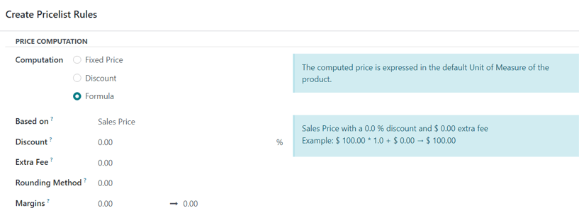 Các tùy chọn tính toán công thức khác nhau có trong Odoo Sales.