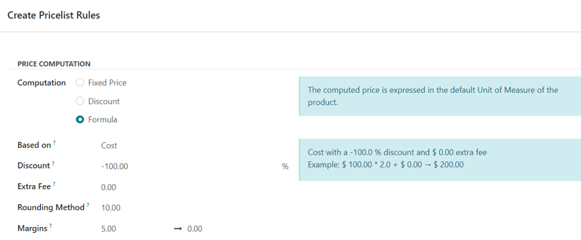 Cách xây dựng chi phí tăng giá với mức biên độ tối thiểu 5 đô la trong Odoo Sales.