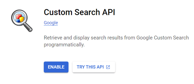 Trang &quot;API tìm kiếm tùy chỉnh&quot; có nút Bật được tô sáng trên Google Cloud Platform.