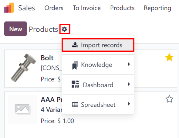 Tùy chọn Nhập bản ghi có thể chọn từ biểu tượng bánh răng trên trang Sản phẩm trong Odoo Sales.