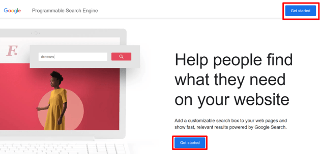 Trang Công cụ tìm kiếm có thể lập trình của Google với các nút Bắt đầu.