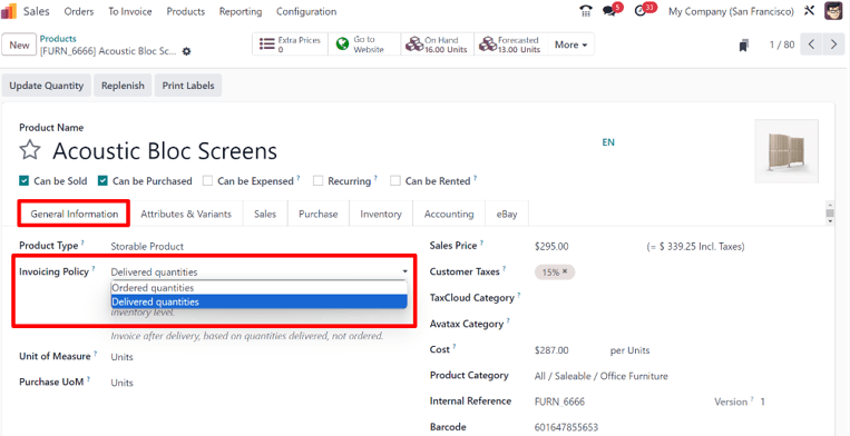 Cách thay đổi chính sách lập hóa đơn trên biểu mẫu sản phẩm trong Odoo Sales.