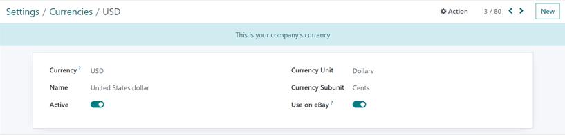 Biểu mẫu chi tiết tiền tệ chính trông như thế nào trong Odoo Accounting.