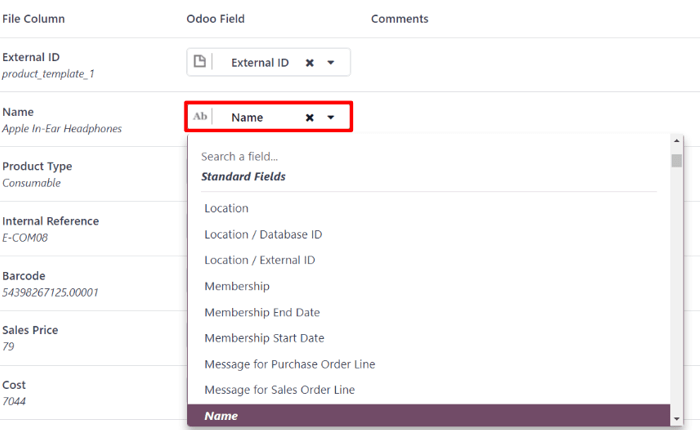 Menu thả xuống Trường Odoo bên cạnh Cột Trường cần được điều chỉnh thủ công.