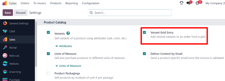Cài đặt mục nhập lưới biến thể trong ứng dụng Odoo Sales.