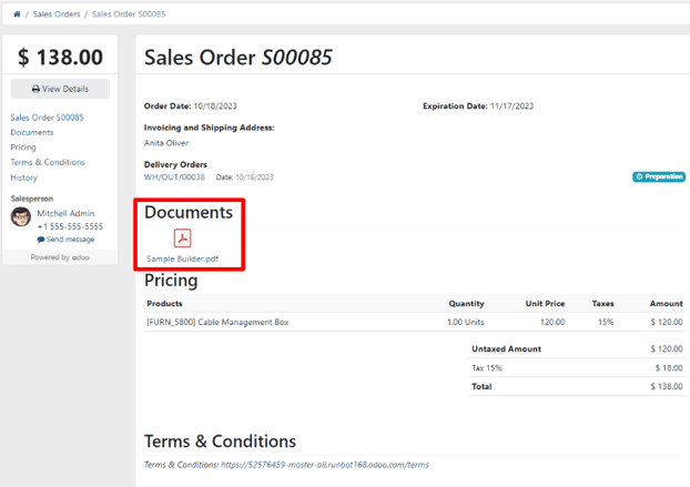 Mẫu tệp pdf đã tải lên có tùy chọn báo giá bên trong được chọn trong Odoo Sales.