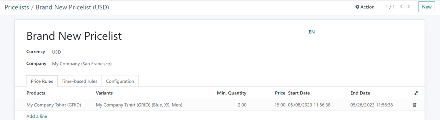 Biểu mẫu chi tiết bảng giá trông như thế nào trong Odoo Sales.