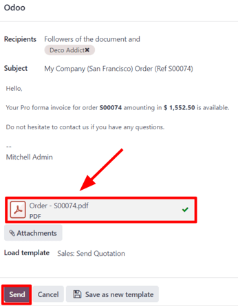 Cửa sổ email bật lên xuất hiện kèm theo hóa đơn tạm tính trong Odoo Sales.