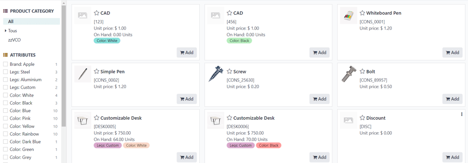 Danh mục sản phẩm có thể truy cập thông qua báo giá trong ứng dụng Odoo Sales.