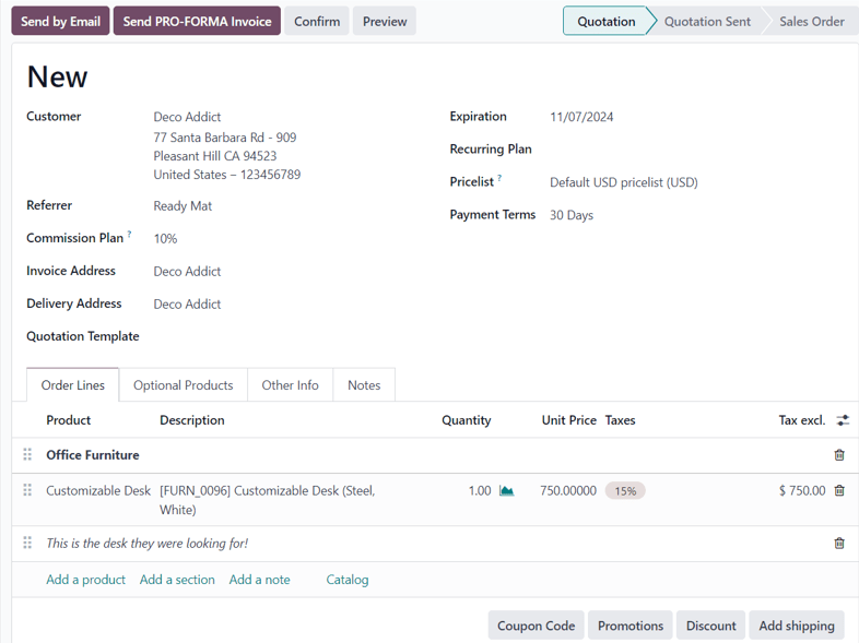 Mẫu báo giá điển hình trong ứng dụng Odoo Sales.