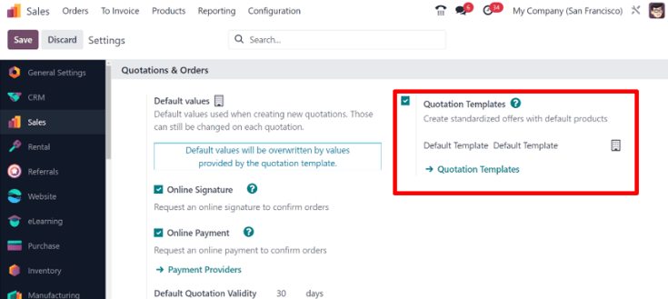 Cách bật mẫu báo giá trên Odoo Sales.