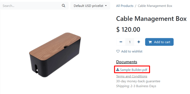 Hiển thị liên kết đến tài liệu đã tải lên trên trang sản phẩm bằng Odoo Sales.