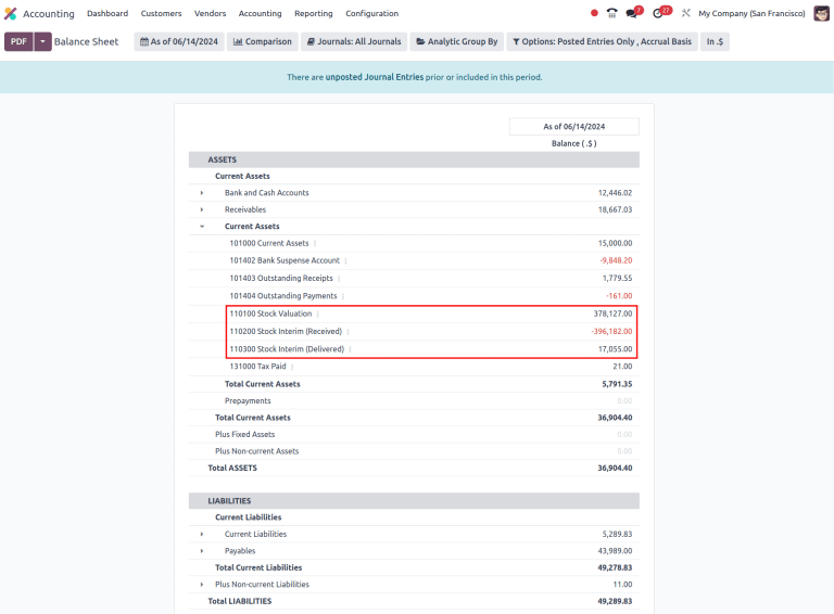 Xem phân tích định giá hàng tồn kho đầy đủ trong ứng dụng Kế toán Odoo.