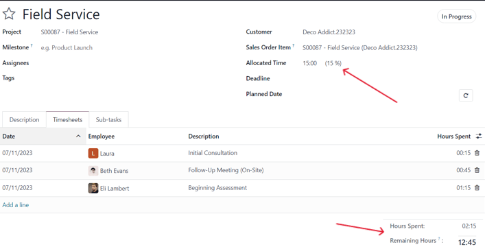 Tab Bảng chấm công xuất hiện như thế nào trên biểu mẫu tác vụ trong Odoo Sales và Odoo Project.