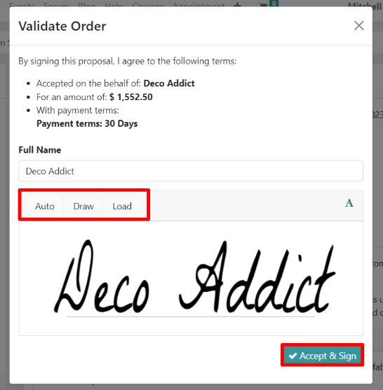 Cửa sổ bật lên Xác thực đơn hàng để ký trực tuyến trong Odoo Sales.
